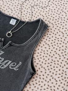 SHEIN 少女街头风、美式、休闲、运动、返校季、英式图案印花罗纹松紧修身连衣裙、黑色针织休闲修身吊带背心连衣裙、百搭春夏街头风、基本款、日常、度假装、返校季、学院风、适合夏季、节日家庭户外春季野餐日常穿着 - 黑色 - 查看 4