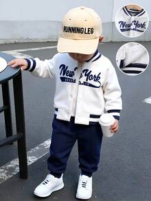 SHEIN 2pcs/Set Boys American Style Baseball Jacket Outfit, White & Blue Contrast Letter Print Jacket + Jogger Pants, Autumn/Winter
