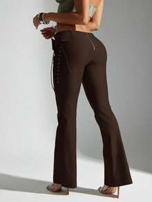 Denimoi Belted Fit & Flare Lace Up Side Mid Rise Pant - Coffee Brown - View 6