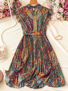 Trelyra Floral Print Stand Collar Pleated Waist Vacation Dress
