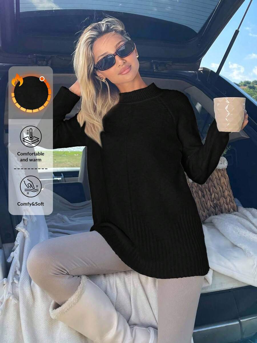 EURMUSE Women Solid Color Mock Neck Sweater For Autumn & Winter - Black - View 1