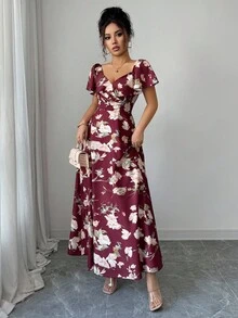 Elenzga Vestido elegante de estilo francés con volantes en la cintura, corte evasé y estampado floral diminuto - Multicolor - Ver 6