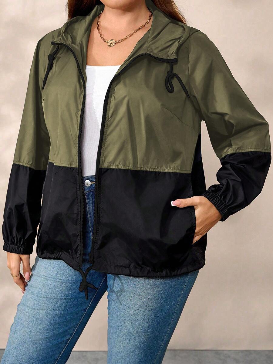 EMERY ROSE Giacca casual con cappuccio, chiusura lampo e coulisse, con patchwork a contrasto di colore, per taglie forti