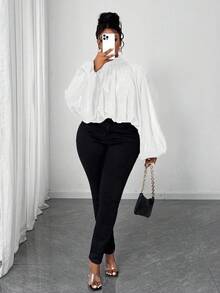 Maweii Plus Size Elegant Solid Color Pleated Lantern Sleeve Blouse, Autumn - White - View 3