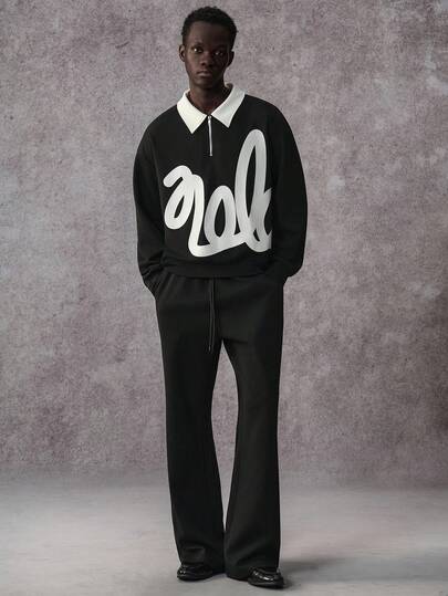 STYNVO 男士撞色印花长袖套头衫和纯色裤子套装 Y2K 服装针织两件套男士运动服套装 Y2K 男士秋季