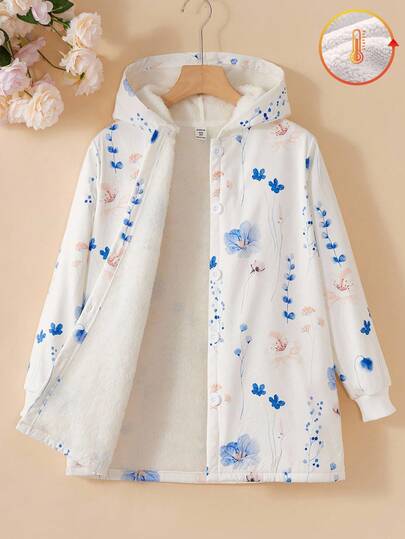 SHEIN Vintaside Kids Tween Girl 连帽加厚毛绒复古花卉中长款保暖夹克，秋冬、度假、夏季、旅行