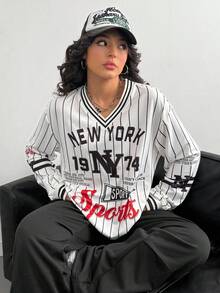 2pcs/Set Teenage Girls V-Neck Sweatshirt,Striped Letter Print T-Shirt & Cargo Sweatpants For Autumn,Back To School Black And White,Streetwear,Holiday - Black and White - View 8