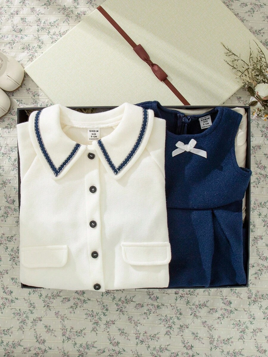 Souflis 2-Piece Set: Elegant Vintage French Style White Lapel Long Sleeve Coat & Navy Sleeveless Dress, Suitable For Party, School, Gathering And Other Occasions, Autumn/Winter 2025 New Arrival, Girls - Multicolor - View 1