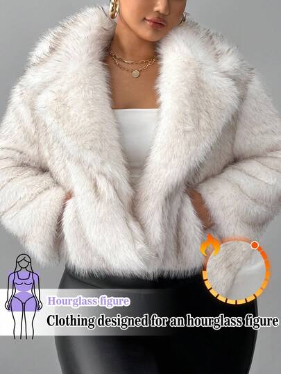 Hourglow Ceceforeign_ Plus Size Women Lapel Neck Long Sleeve Loose Faux Fur Coat, Winter, For Hourglass Body Shape