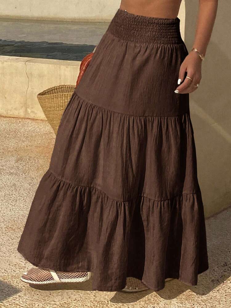 Women's Long Bohemian Beach Shirred Skirt With Adjustable Waist Vacation Outfits Women