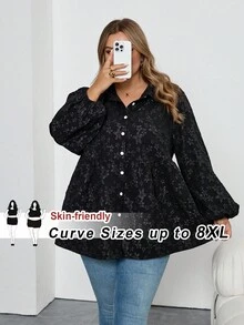 SHEIN CURVE+ Chemise décontractée à manches lanternes, à fleurs jacquard, à simple boutonnage, pour femmes grandes tailles