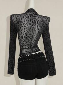 SHEIN ICON 女士半透明动物印花植绒长袖前开高领性感外套，适合派对、休闲、万圣节、夏季伊比沙岛波西米亚音乐节、性感俱乐部狂欢、演出后、秋季、冬季 - 黑色 - 查看 2