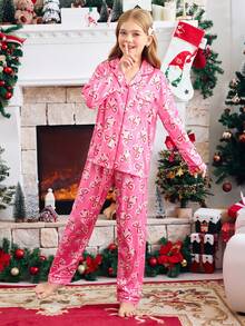 圣诞节少女蝴蝶结印花长袖纽扣上衣和裤子睡衣套装 - 彩色 - 查看 3