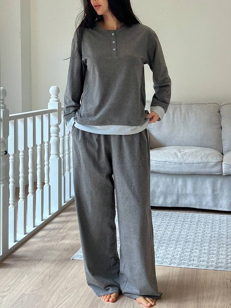 Women's Comfortable Knit Pajama Set With Contrast Color Patchwork, Suitable For Autumn/Winter, Cozy Outfit, Fall Clothes