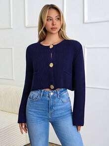 EURMUSE Petite Women's Casual Front Button Petite Sweater Cardigan, Dailywear, Winter, Fall,Long Cardigans Woman,Cardigans - Navy Blue - View 3