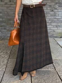 DAZY Gonna casual ed elegante da donna a vita alta con orlo asimmetrico, a quadri, adatta per l'autunno/inverno