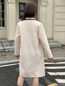 SHEIN Streecool Teen Girls Woolen Windbreaker Jacket, Double-Breasted Contrast Trim Design, Long Suit Jacket, Suitable For Casual, Commute, Holiday In Autumn/Winter Fall