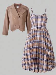 Bộ đồ 2 món MODELY Tween Girl: Áo khoác blazer tay ngắn hai hàng khuy kiểu Pháp và váy yếm kẻ caro, thích hợp mặc thường ngày, đi làm, đi nghỉ vào mùa xuân/thu - Nhiều màu - Xem 4