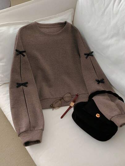 DAZY Contrast Color Bow Decor Round Neck Loose Fit Women Sweatshirt Fall/Winter