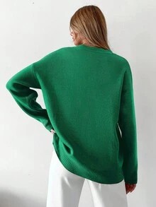 EURMUSE Ladies' Solid Color Round Neck Cardigan With Faux Pockets - Green - View 2
