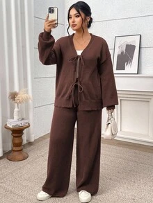 Modelyn 大码女式凤凰天鹅绒V领落肩长袖系带时尚针织开衫套装 - 棕色 - 查看 4