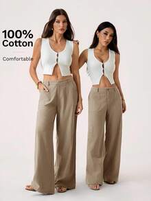 SHEIN PETITE 100% 水洗棉低腰直筒裤，亚麻材质，女士夏季裤装，棉质阔腿裤，适合夏季、秋季穿着。 - 駝色 - 查看 3