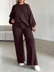 EURMUSE Plus Size Women Solid Color Raglan Sleeve Lantern Sleeve Sweater & Knitted Pants Casual Suit - Coklat - View 7