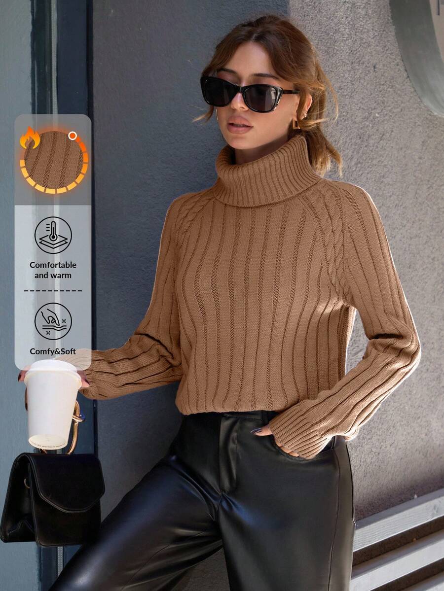 EURMUSE 休闲罗纹针织插肩袖麻花针织高领毛衣 - 米色 - 查看 1