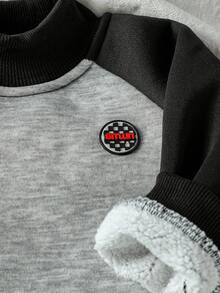 Baby Boy Casual Minimalist Embroidered Badge Contrast Sleeve Crew Neck Sweatshirt And Pants Set Fall Winter - Multicolor - View 6