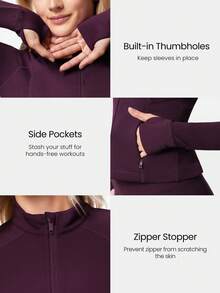 GLOWMODE FeatherFit™-Warm Slim-It It's Chilly 羊毛衬里修身长袖夹克，带拇指孔，秋冬瑜伽日常休闲 - 櫻桃可樂 - 查看 3