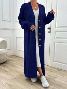 EURMUSE Women's Casual Solid Color Dropped Shoulder Loose Lantern Sleeve Cable Knit Extra Long Cardigan, Autumn/Winter,Petite Cardigans,Cardigans - Navy Blue - View 4