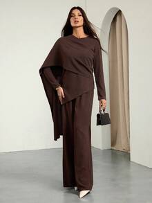 SHEIN Tall Modest Casual Blouse And Pants Set For Women 2 Pieces Set Modest Two Piece Set Brown Two Piece Set Women Chocolate Brown Outfit Pant Suit Set Chocolate Brown Dress Pant Suit Set Plus