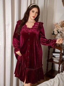 PalaceNights Plus Size Women's Vintage Velvet Nightgown, Palace Style Lace Patchwork Ruffle Trim Open Front Long Dress, Autumn/Winter Night Gown Women Plus Size Night Dress Plus Size Night Gown Plus Size Curve Velvet Dress For Women, Moo Moo Night Dress - Burgundy - View 7