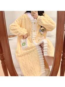 SHEIN 浴袍睡袍女秋冬季大码套装加厚天鹅绒浴袍女士珊瑚绒睡衣 - 彩色 - 查看 2