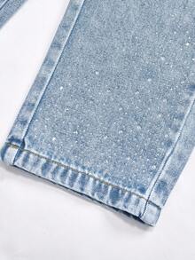 SHEIN 年轻女孩牛仔裤，中度水洗蓝色，街头风格休闲度假，Y2K 设计，不对称松紧腰身，基本款口袋，按扣装饰，水钻点缀，宽松直筒裤腿，柔软棉质牛仔布，无弹力，适合日常穿着、通勤、郊游、派对，秋冬新品