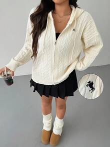 SHEIN EZwear Plus Size Casual Fashionable Versatile Zip-Up Long Sleeve Hooded Cardigans Knitwear Hooded Sweater Zip Up Sweater Cable Knit Sweater In Fall/Winter