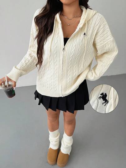 SHEIN EZwear 大码休闲时尚百搭拉链长袖连帽开衫针织衫连帽毛衣拉链毛衣粗针织毛衣秋冬