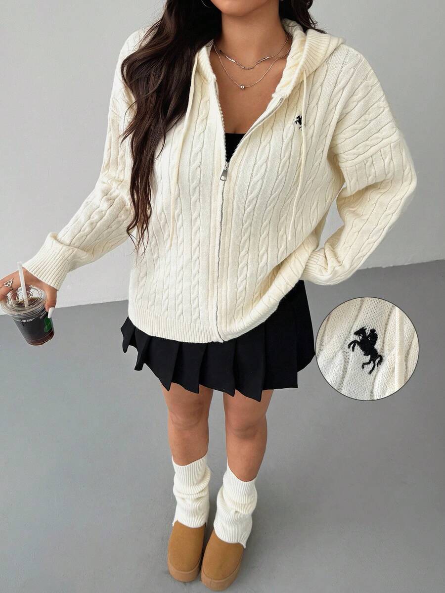 SHEIN EZwear Plus Size Casual Fashionable Versatile Zip-Up Long Sleeve Hooded Cardigans Knitwear Hooded Sweater Zip Up Sweater Cable Knit Sweater In Fall/Winter