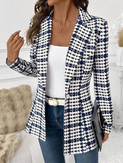 SHEIN Clasi Blazer feminino elegante xadrez, blazer versátil de manga comprida para uso diário, jaqueta xadrez clássica para deslocamento, blazers femininos de outono, blazers femininos, blazer xadrez feminino, blazer pied-de-poule feminino, blazer de escritório feminino, roupas xadrez de outono para mulheres, trajes casuais de negócios, trajes profissionais femininos