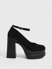 CUCCOO SZL 女式圆头高跟厚底黑色踝带浅口鞋，时尚性感舒适休闲通勤鞋 - 黑色 - 查看 4