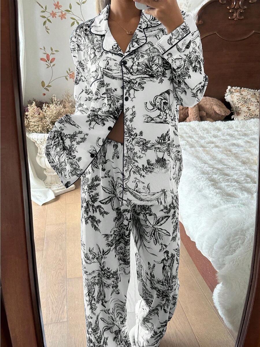 SHEIN 中国风山水人物印花长袖上衣和裤子睡衣套装，带领，秋冬服装 - 黑色 - 查看 1