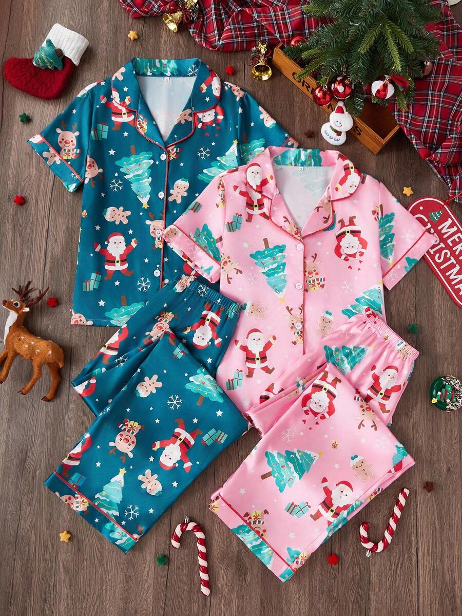 SHEIN 2sets Sisters Outfit  Christmas Themed Printed Faux Silk Lapel Short Sleeve Pajama Set For Women - Multicolor - View 1