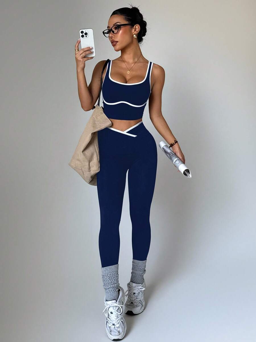 Dewbera 女士瑜伽拼色无缝运动套装 - 藏蓝色 - 查看 1