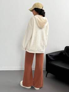 Set de 2 piezas: Sudadera holgada con cordón y textura de franela de unicolor con bordado + Pantalones acampanados de felpa, conjunto informal de otoño/invierno para adolescentes - Albaricoque - Ver 2