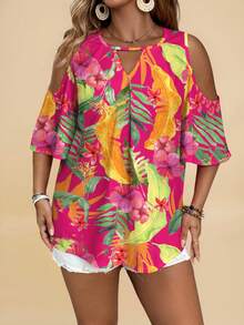 Travachic Áo sơ mi rộng rãi in họa tiết hoa nhiệt đới cỡ lớn, trang phục đi nghỉ - Nhiều màu - Xem 5