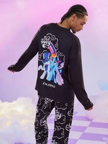 My Little Pony X SHEIN Men's Casual Cute Cartoon Unicorn & Letter Graphic Long Sleeve Top And Pants Loose Pajama Set, Spring/Autumn Y2k Long Sleeve Men Rave Outfits For Men