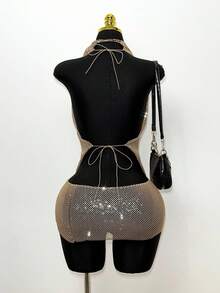 EgrlEra Women's Deep V Neck Sequin Mesh Dress, Rhinestone Embellished Shiny, Suitable For Bar Party, Carnival, Club Wear - Champagne - View 2