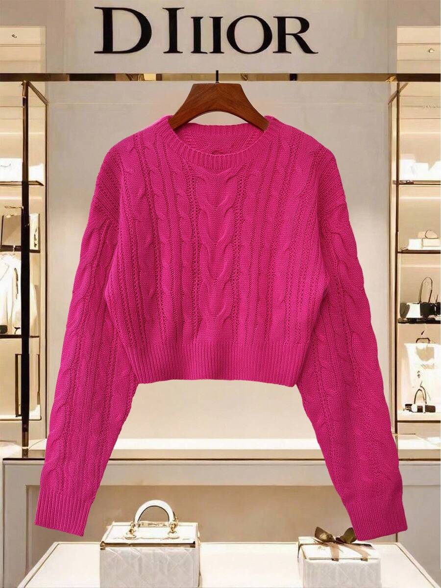 SHEIN LUNE 女士时尚休闲纯色麻花针织圆领毛衣 - 玫紅色 - 查看 1