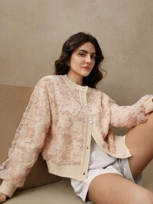 Anewsta Women's Mesh Patchwork Embroidery Front Button Long Sleeve Casual Cardigan - Pink - View 3