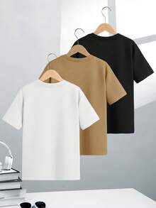 SHEIN 3 件装青少年男童休闲纯色百搭纹理黑、白、灰色罗纹圆领短袖针织 T 恤，春夏 - 卡其色 - 查看 2